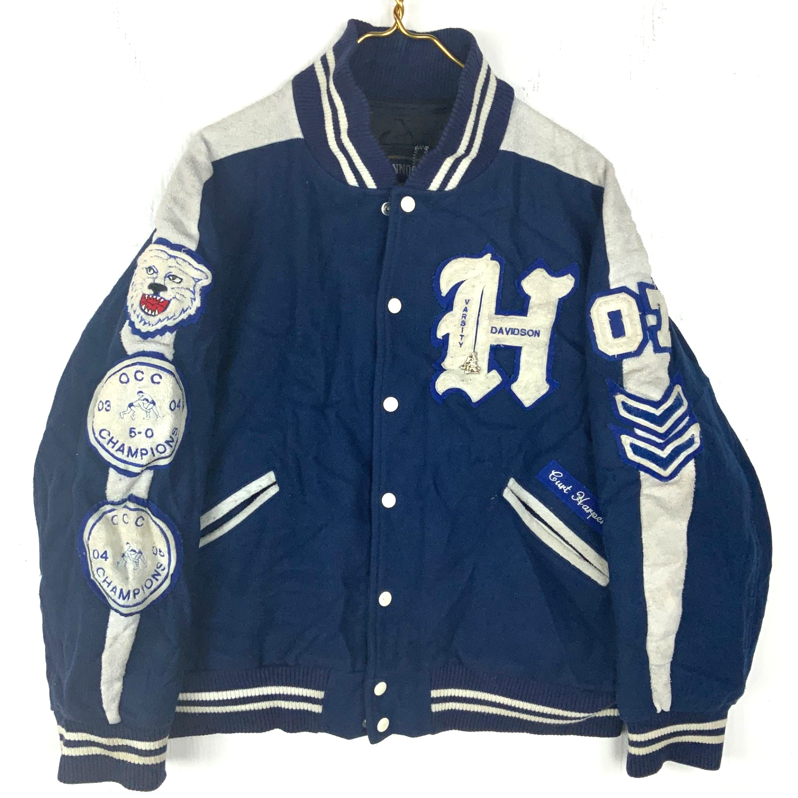 Vintage Wool Varsity Bomber Jacket Large Blue Snap Button Hilliard Davidson
