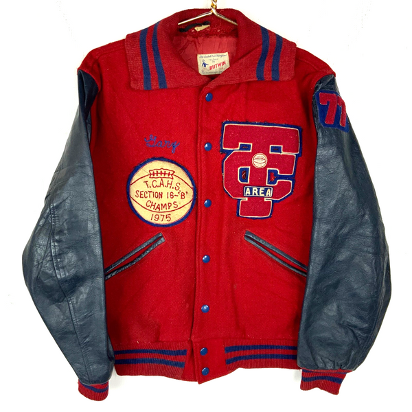Vintage Butwin 1970s Wool Leather Varsity Bomber Jacket Size 36 Red Snap Button