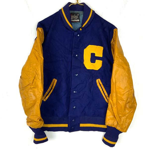 Vintage Whiting 1970s Wool Leather Varsity Jacket Size 42 Snap Button Bomber