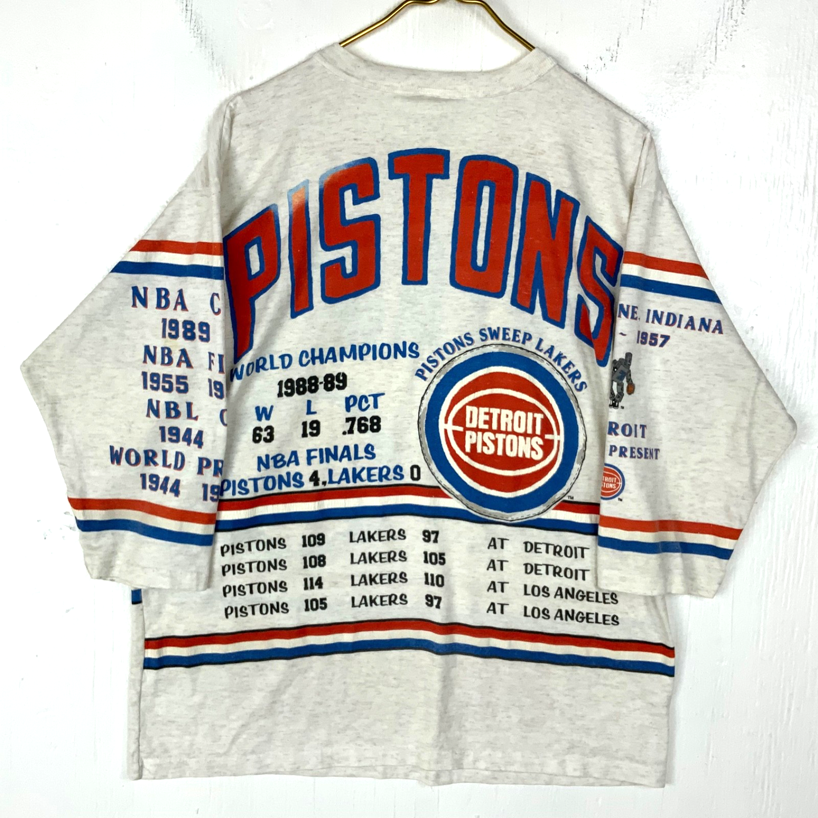 Vintage Detroit Pistons T-Shirt Large Gray 3/4 Sleeve Aop 1991 Nba Long Gone 90s