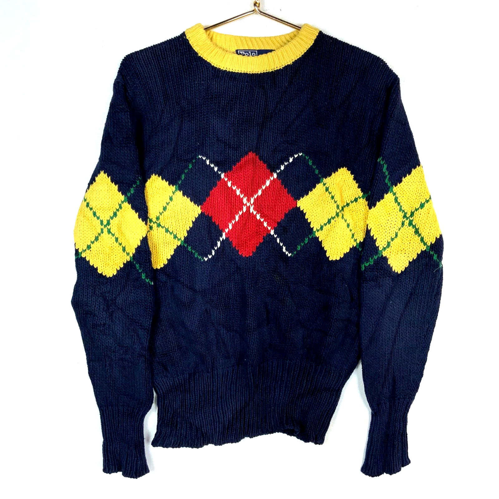 Vintage Polo Ralph Lauren Knit Sweater Medium Blue Crewneck Argyle 90s