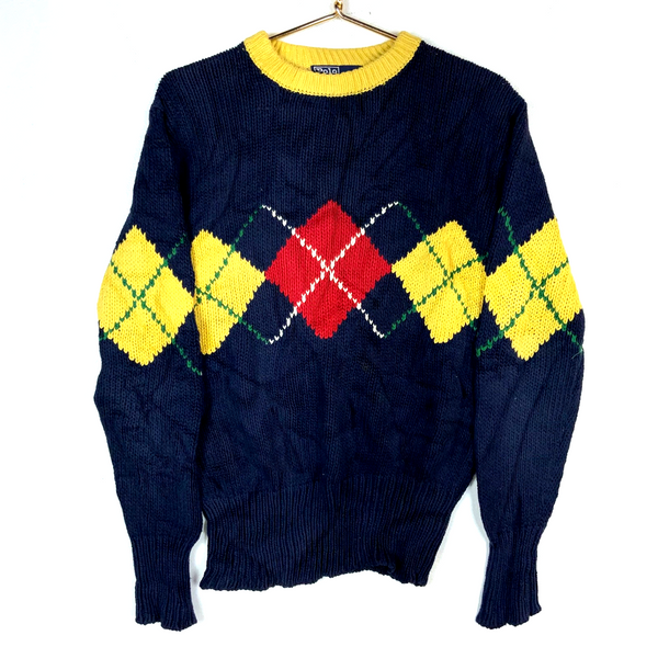 Vintage Polo Ralph Lauren Knit Sweater Medium Blue Crewneck Argyle 90s