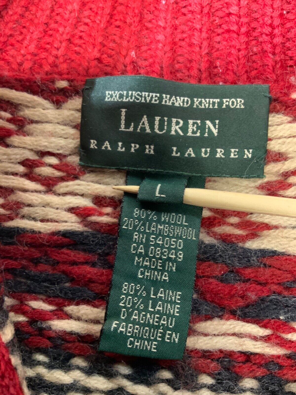Vintage Lauren Ralph Lauren Hand Knit Wool Sweater Women’s Large 1/4 Zip