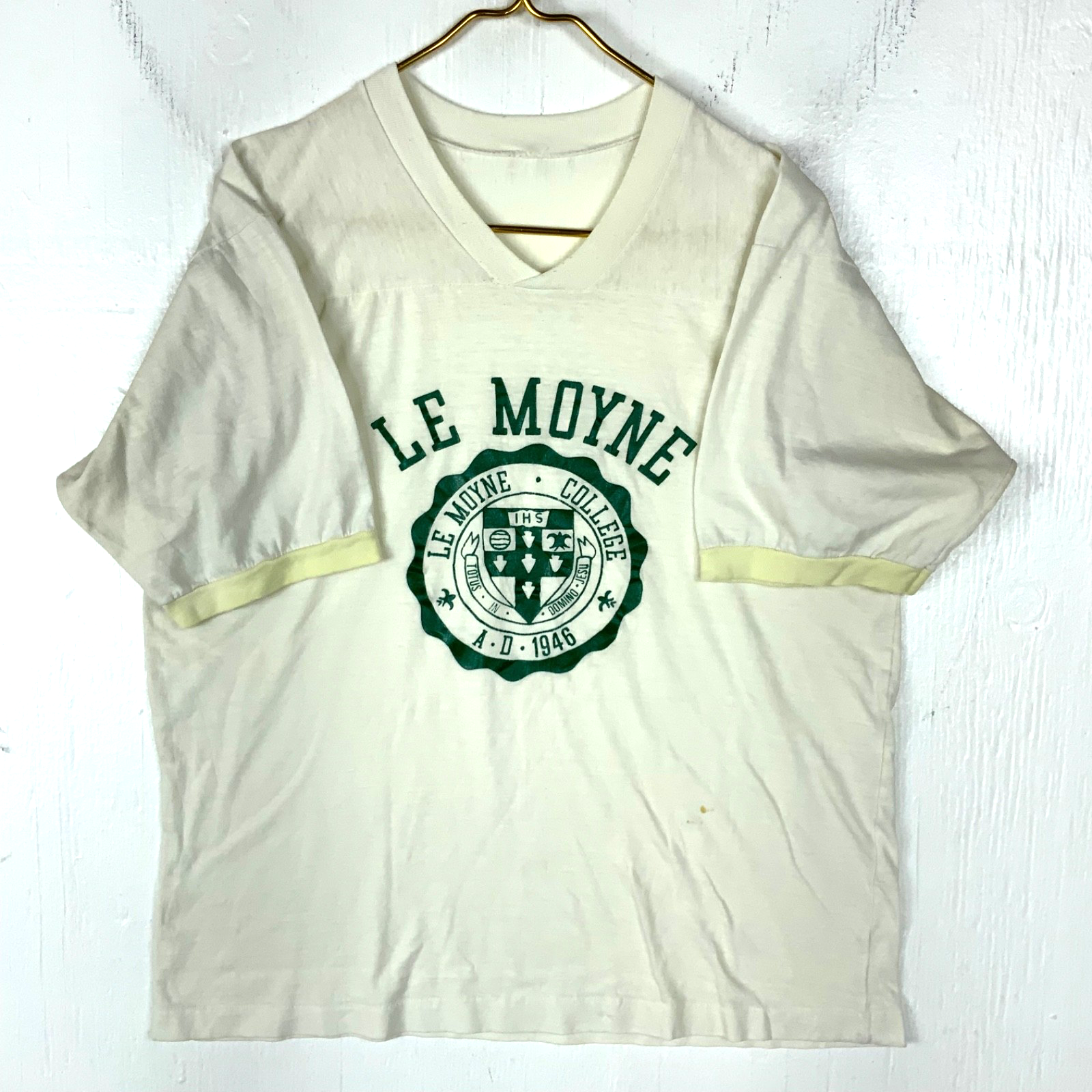 Vintage Le Moyne College T-Shirt Large White V-Neck Single Stitch Ncaa 80s