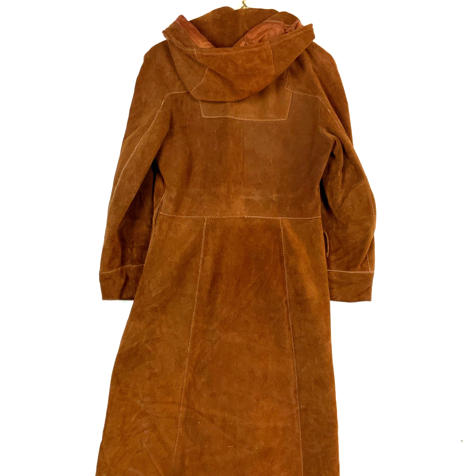 Vintage 1980s Suede Leather Trench Coat Jacket Small Brown Hooded Button Up