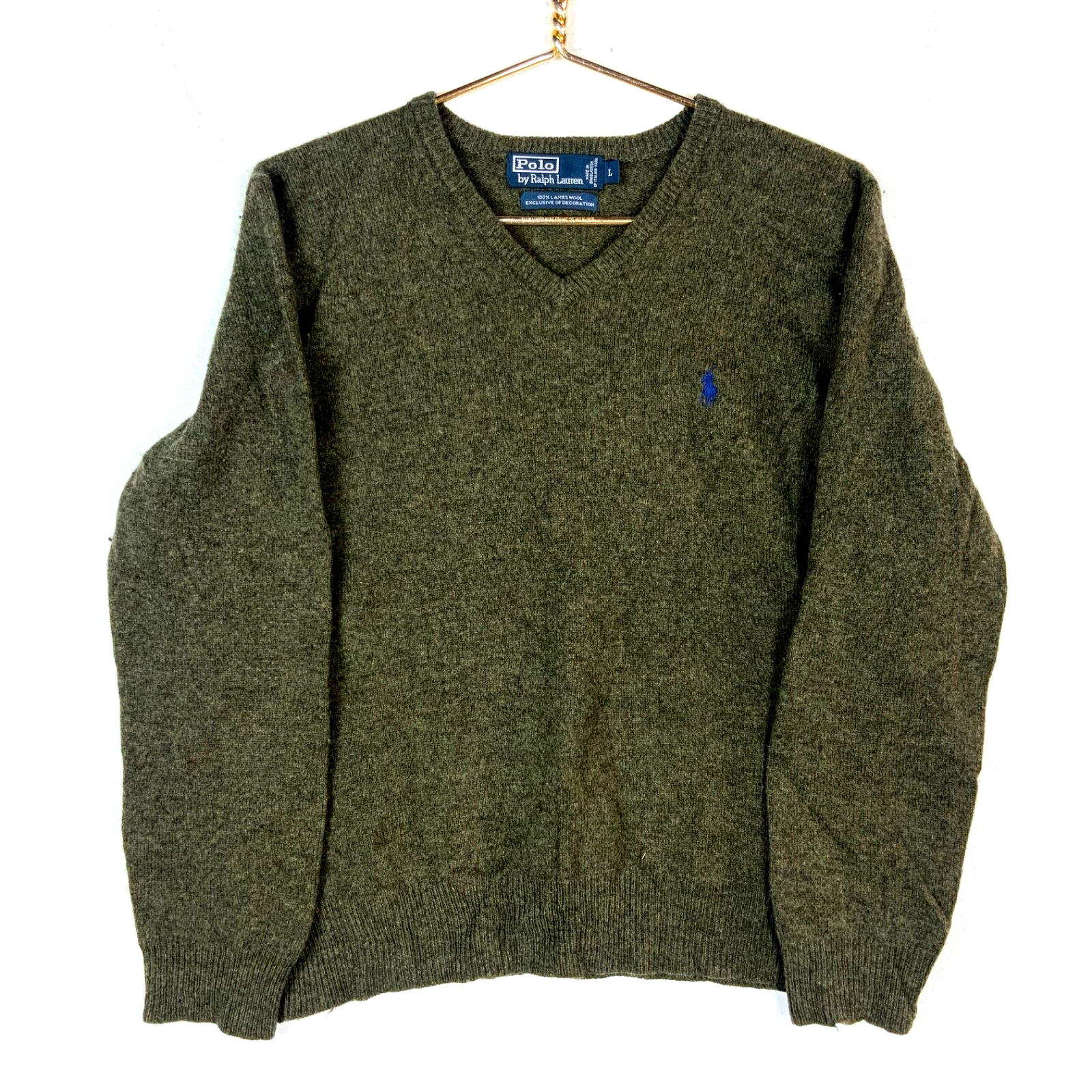 Vintage Polo Ralph Lauren Lambs Wool Knit Sweater Large Green V-neck 90s