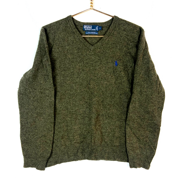 Vintage Polo Ralph Lauren Lambs Wool Knit Sweater Large Green V-neck 90s