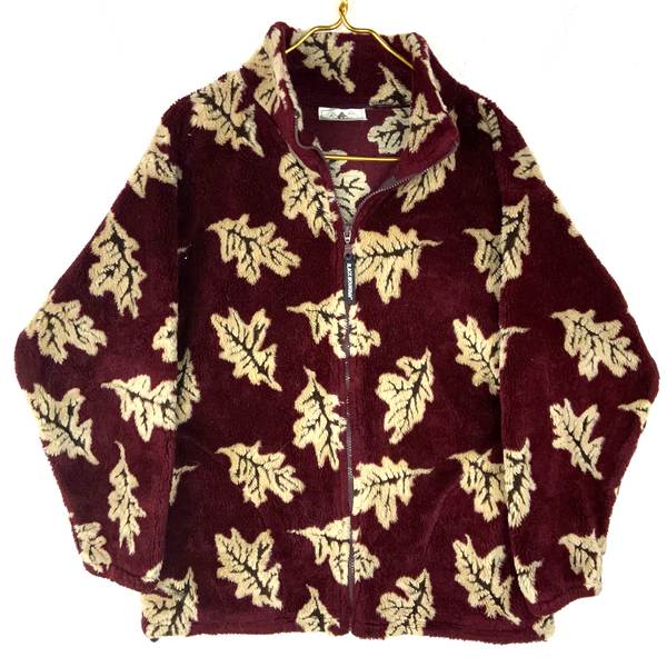 Vintage Black Mountain Fleece Sweater Jacket Small Full Zip All Over Print Leafs