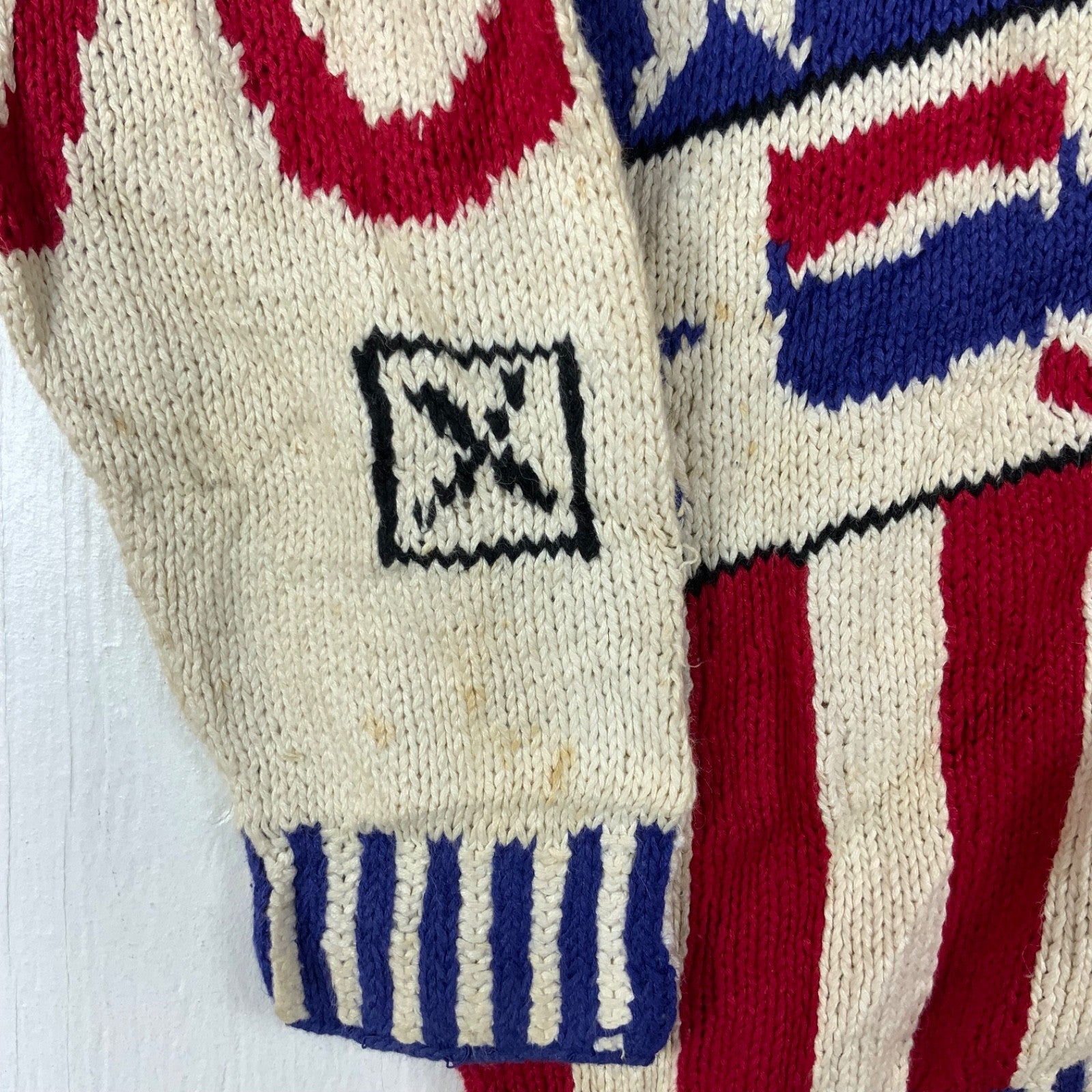 Vintage 1990s Grandpa Hand Knit Sweater Medium White Cardigan Election