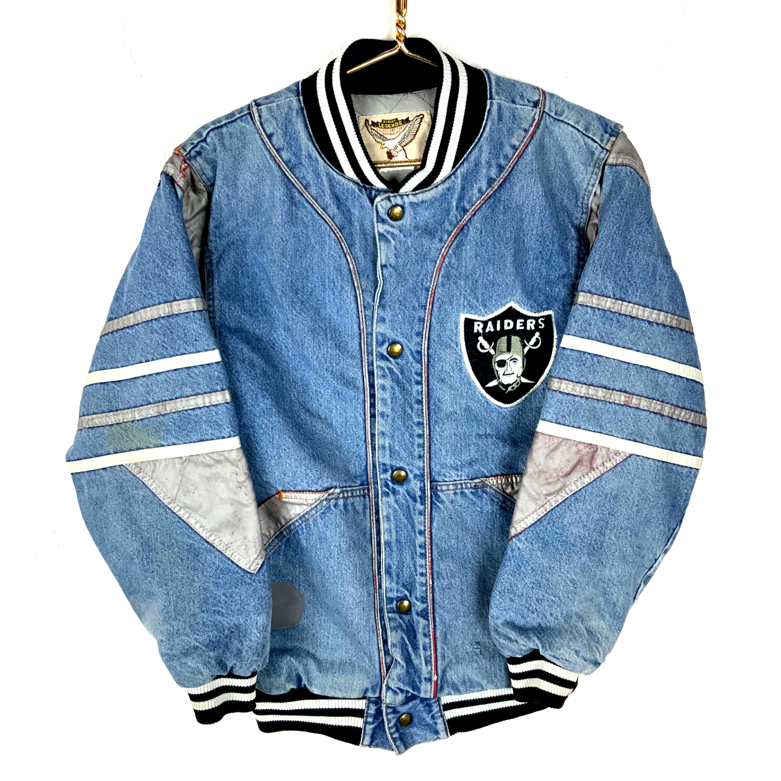 Vintage Oakland Raiders Denim Bomber Jacket Small Blue Snap Button Nfl