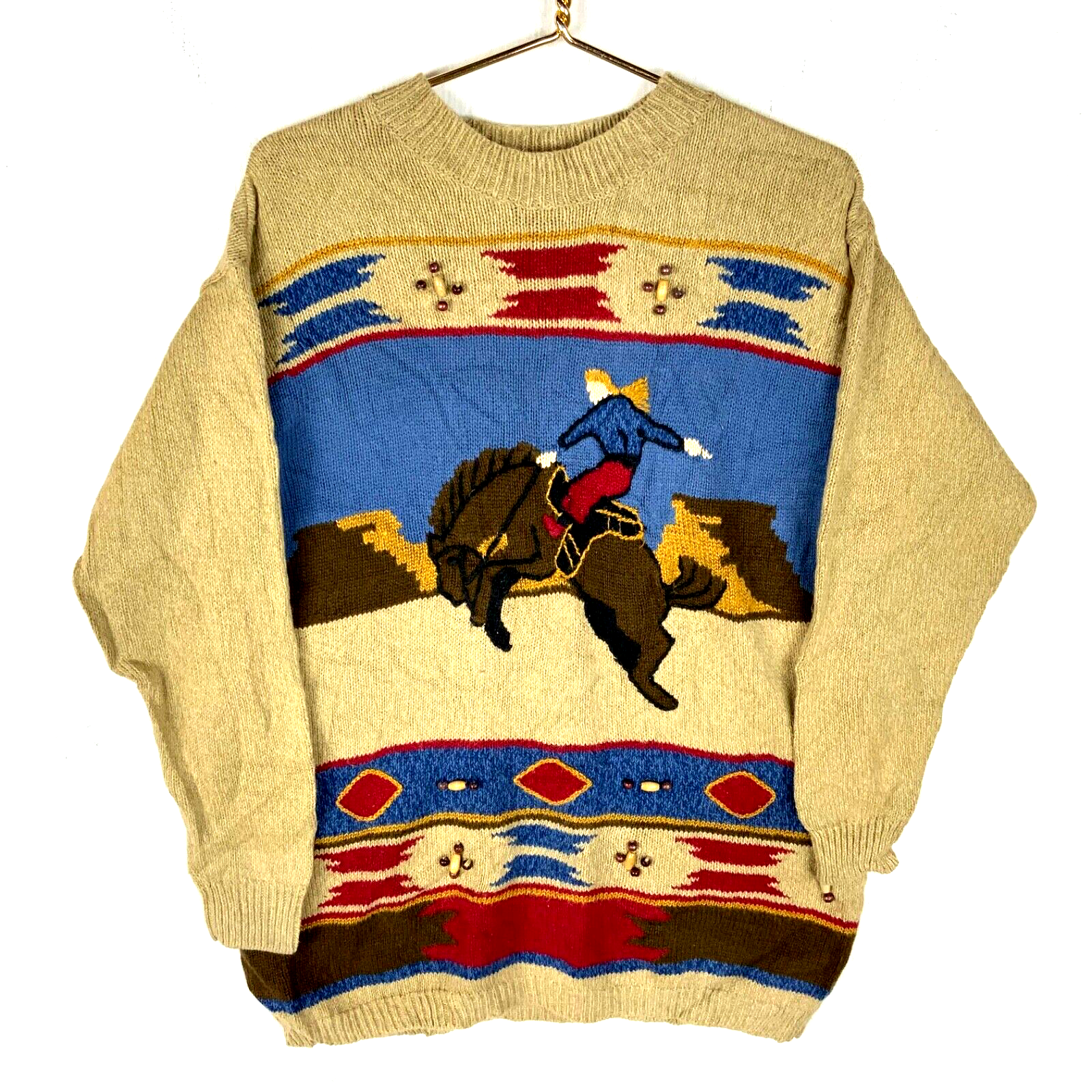 Vintage Tapestry Knit Sweater Women’s Small Beaded Aztec Cowboy Western 90s Tan
