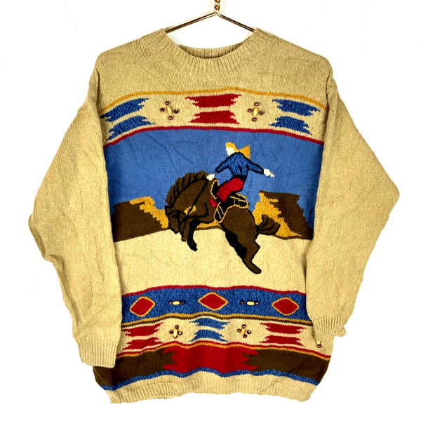 Vintage Tapestry Knit Sweater Women’s Small Beaded Aztec Cowboy Western 90s Tan