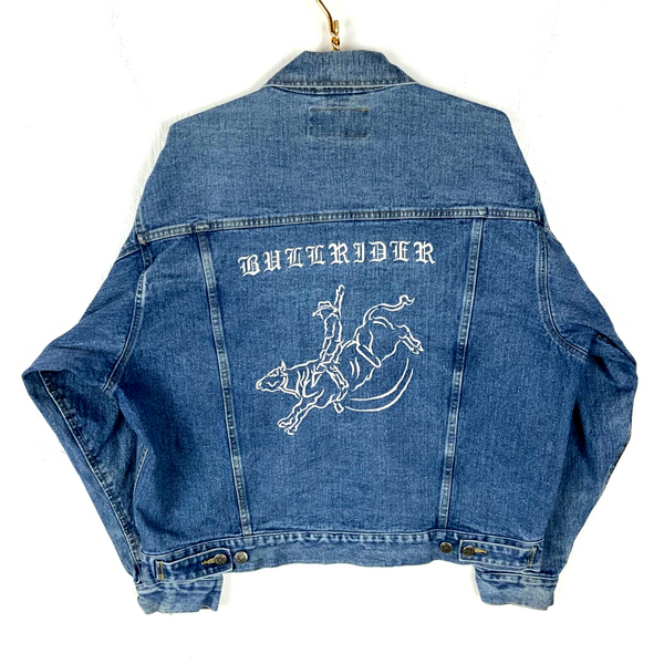 Vintage Wrangler Denim Jean Jacket XL Blue Medium Wash Bull Rider Rodeo Western