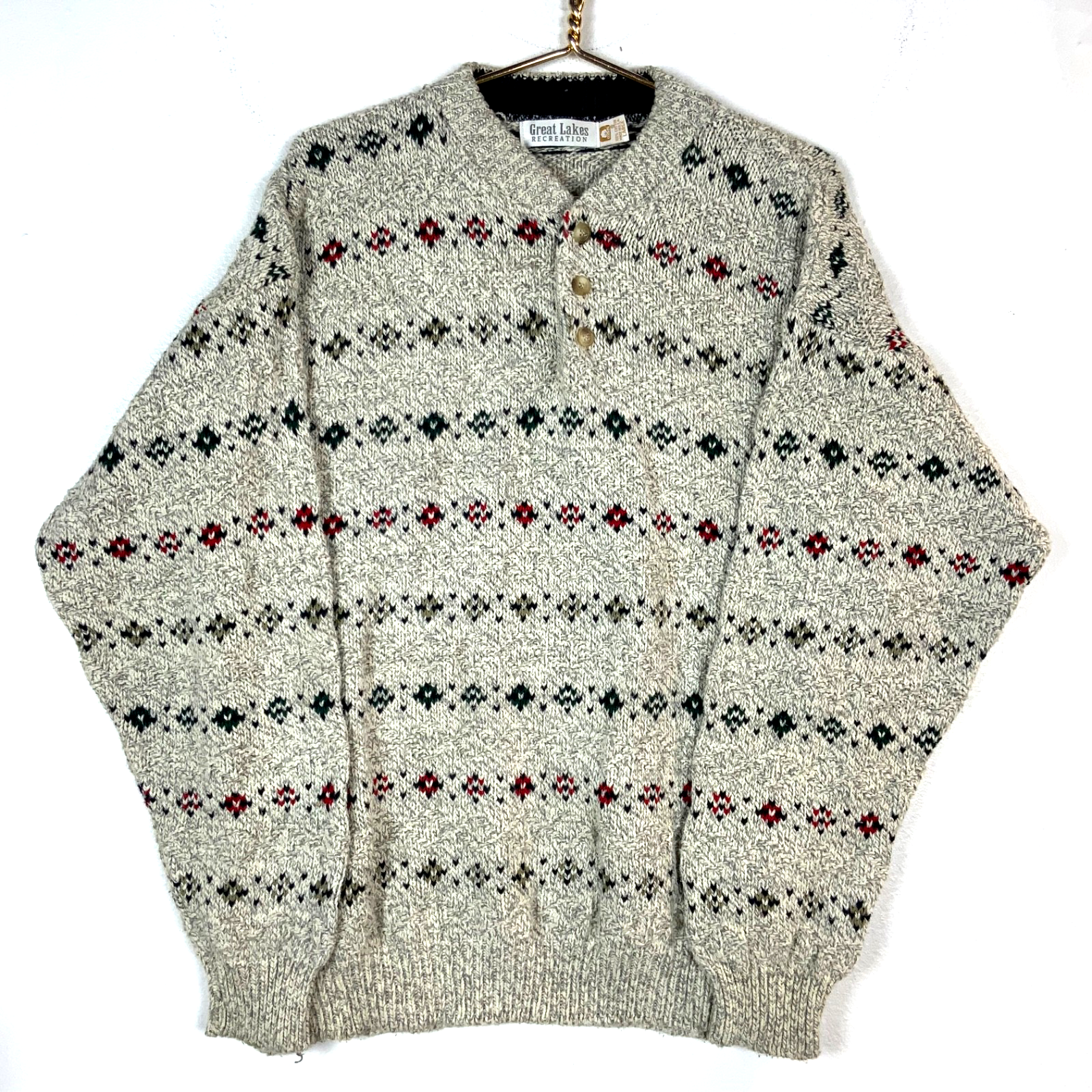 Vintage 1990s Knit Grandpa Sweater Large Gray Henley Argyle 90s