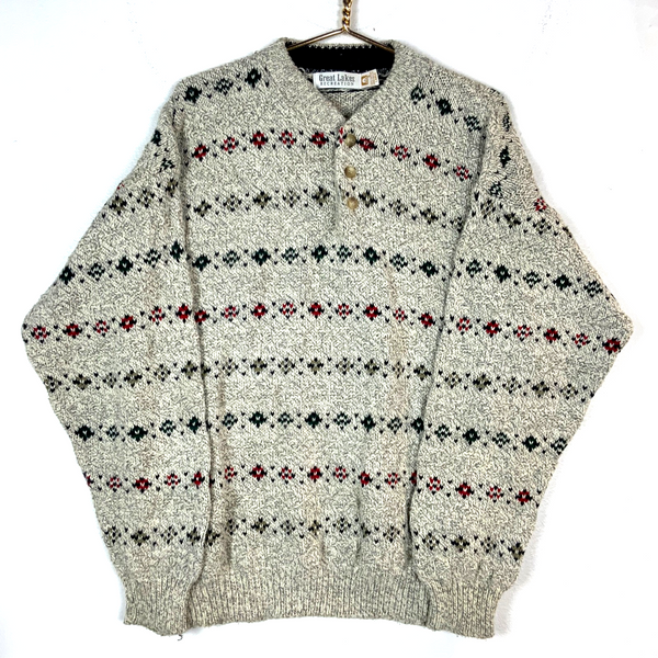 Vintage 1990s Knit Grandpa Sweater Large Gray Henley Argyle 90s