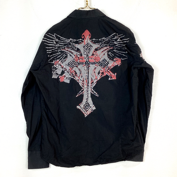 Vintage Y2K Lamasini Cross Sword Shirt Size Medium Black Long Sleeve Button Up