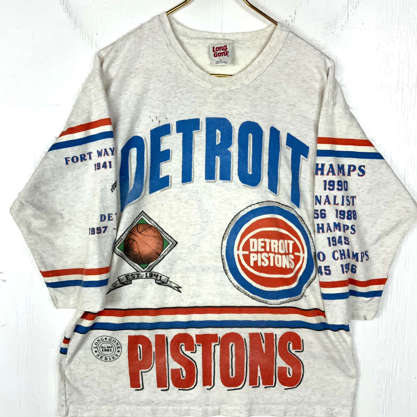 Vintage Detroit Pistons T-Shirt Large Gray 3/4 Sleeve Aop 1991 Nba Long Gone 90s
