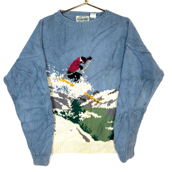 Vintage Britches Hand Knit Sweater Large Blue Crewneck Snowboard 90s