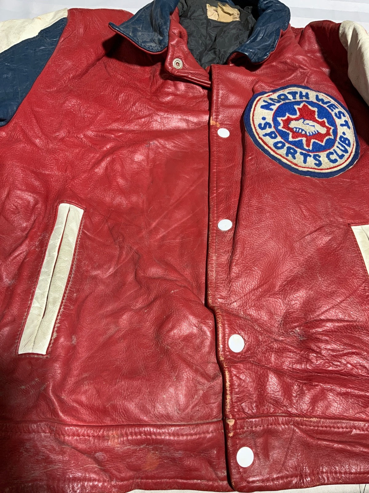 Vintage 1970s Leather Varsity Bomber Jacket Medium Snap Button Antonio Giovanni