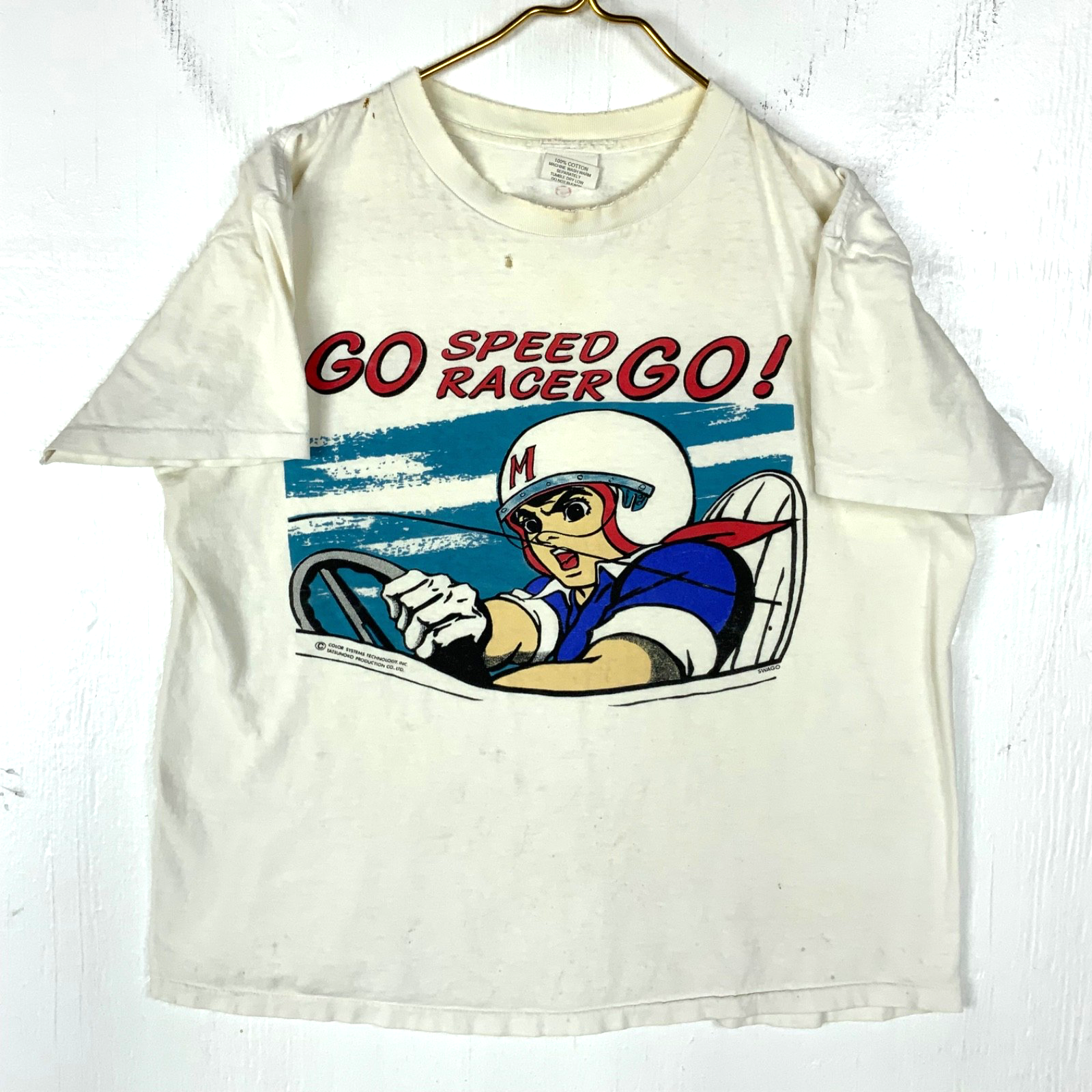 Vintage Speed Racer T-Shirt Large White Single Stitch Driving Gear Go Go 80s