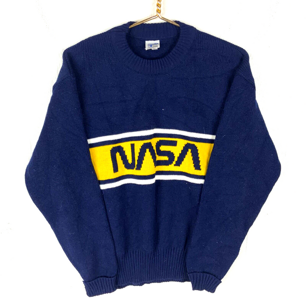 Vintage Nasa Knit Crewneck Sweater Large Blue Made In Usa 1980s