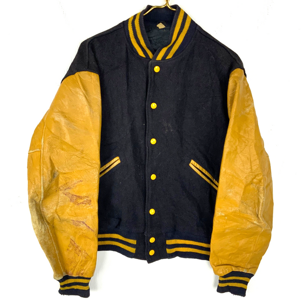 Vintage Butwin 1970s Wool Leather Jacket Size 40 Blue Snap Button Varsity Bomber
