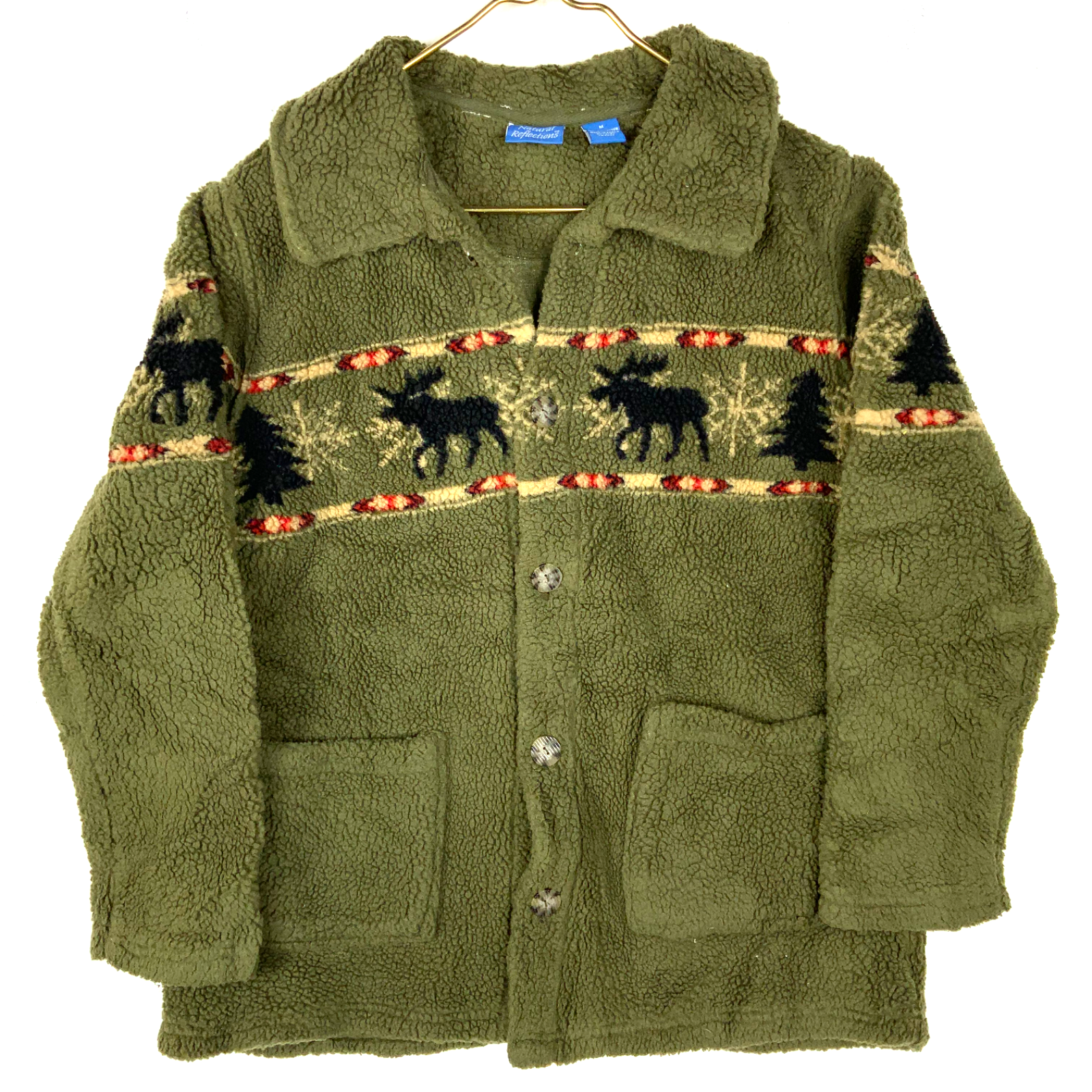 Vintage Moose Fleece Sweater Jacket Medium Green Button Up Natural Reflections