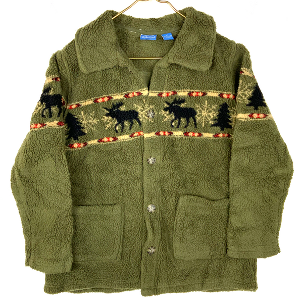 Vintage Moose Fleece Sweater Jacket Medium Green Button Up Natural Reflections