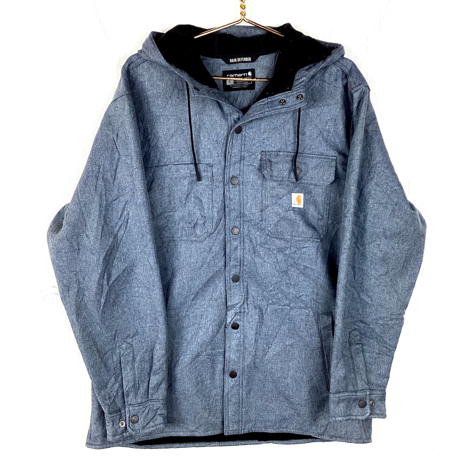 Carhartt Shirt Jacket Size Large Grey Hooded Snap Button Rain Defender