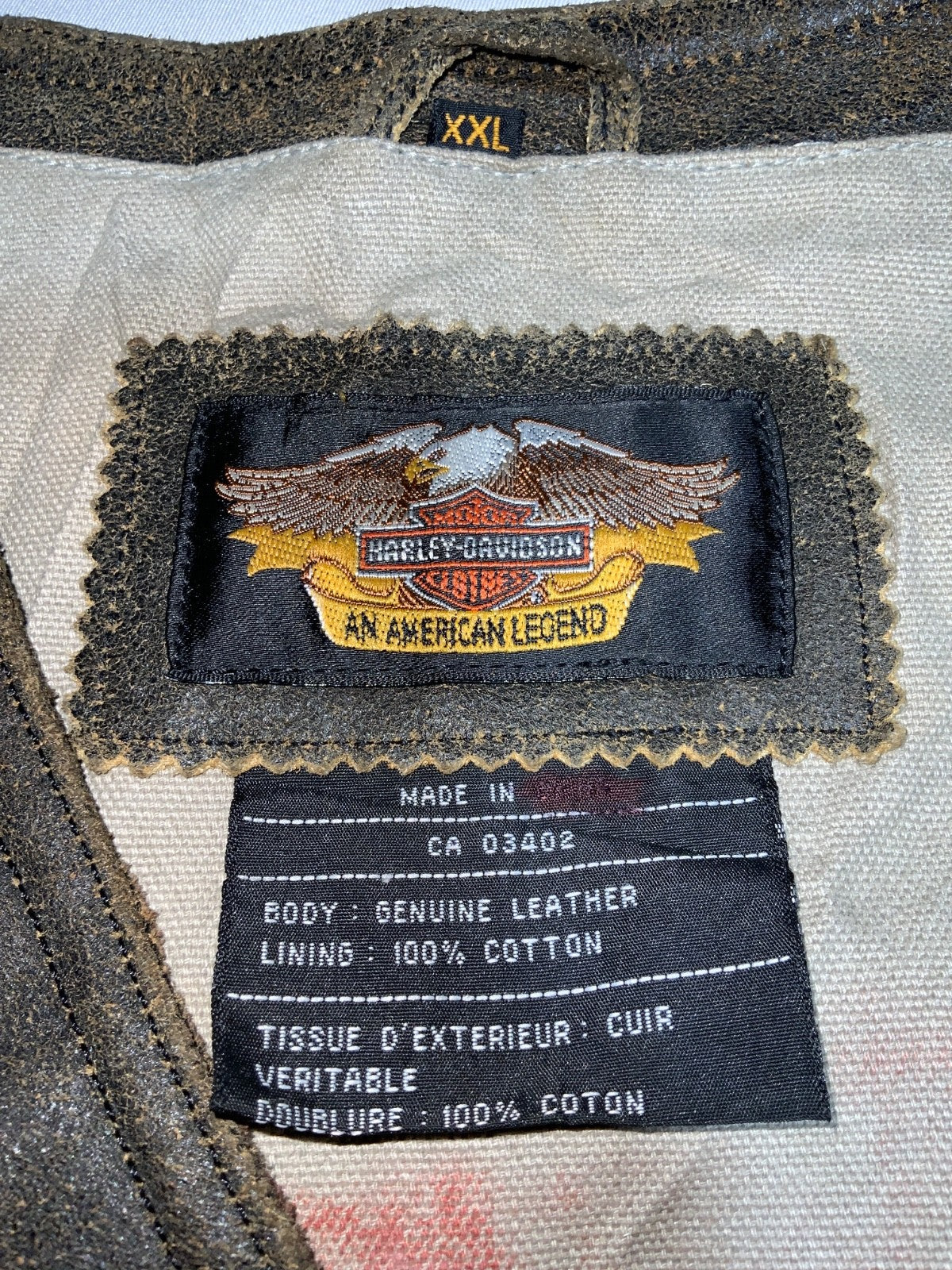 Harley Davidson Motorcycles Leather Vest Size 2XL Brown Full Zip Lined
