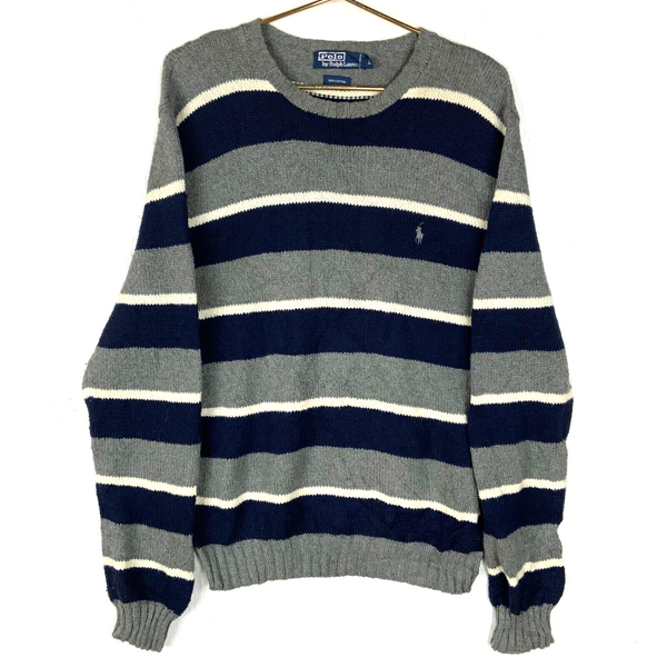 Vintage Polo By Ralph Lauren Knit Sweater Size Large Gray Striped 90s