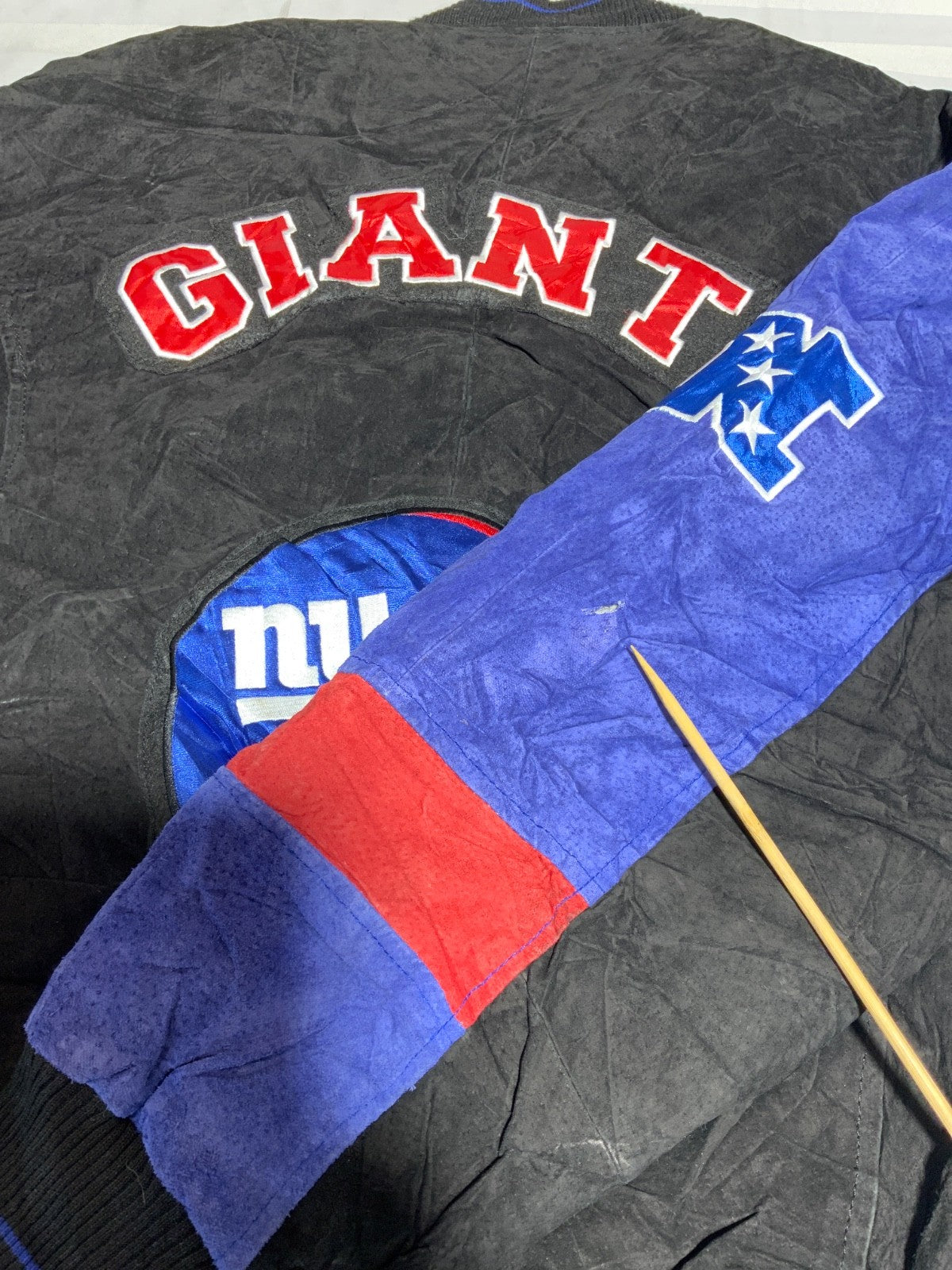 New York Giants Suede Leather Jacket Medium Full Zip Varsity Bomber Nfl