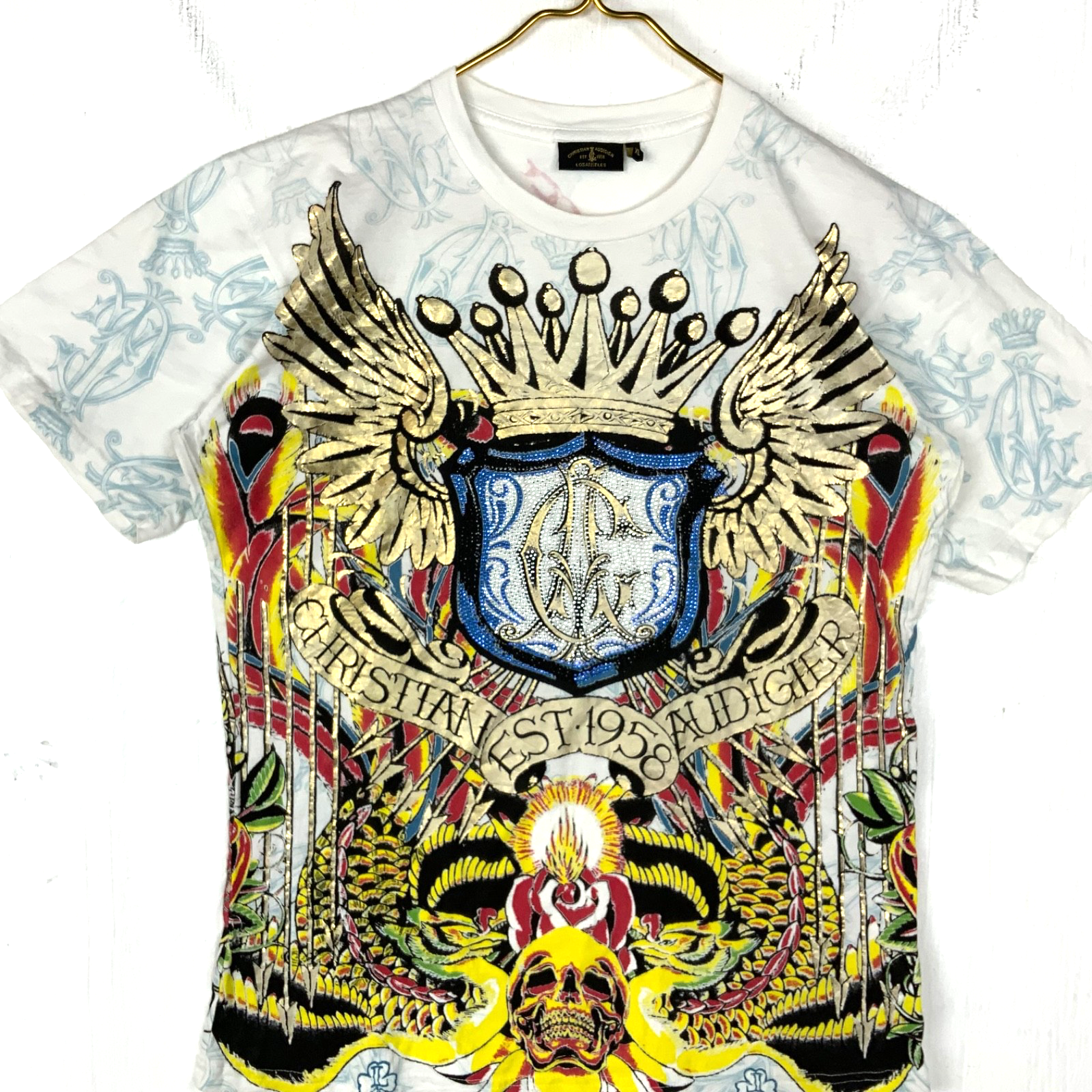 Vintage Christian Audigier T-Shirt XL White Made Usa All Over Print Studded Y2K
