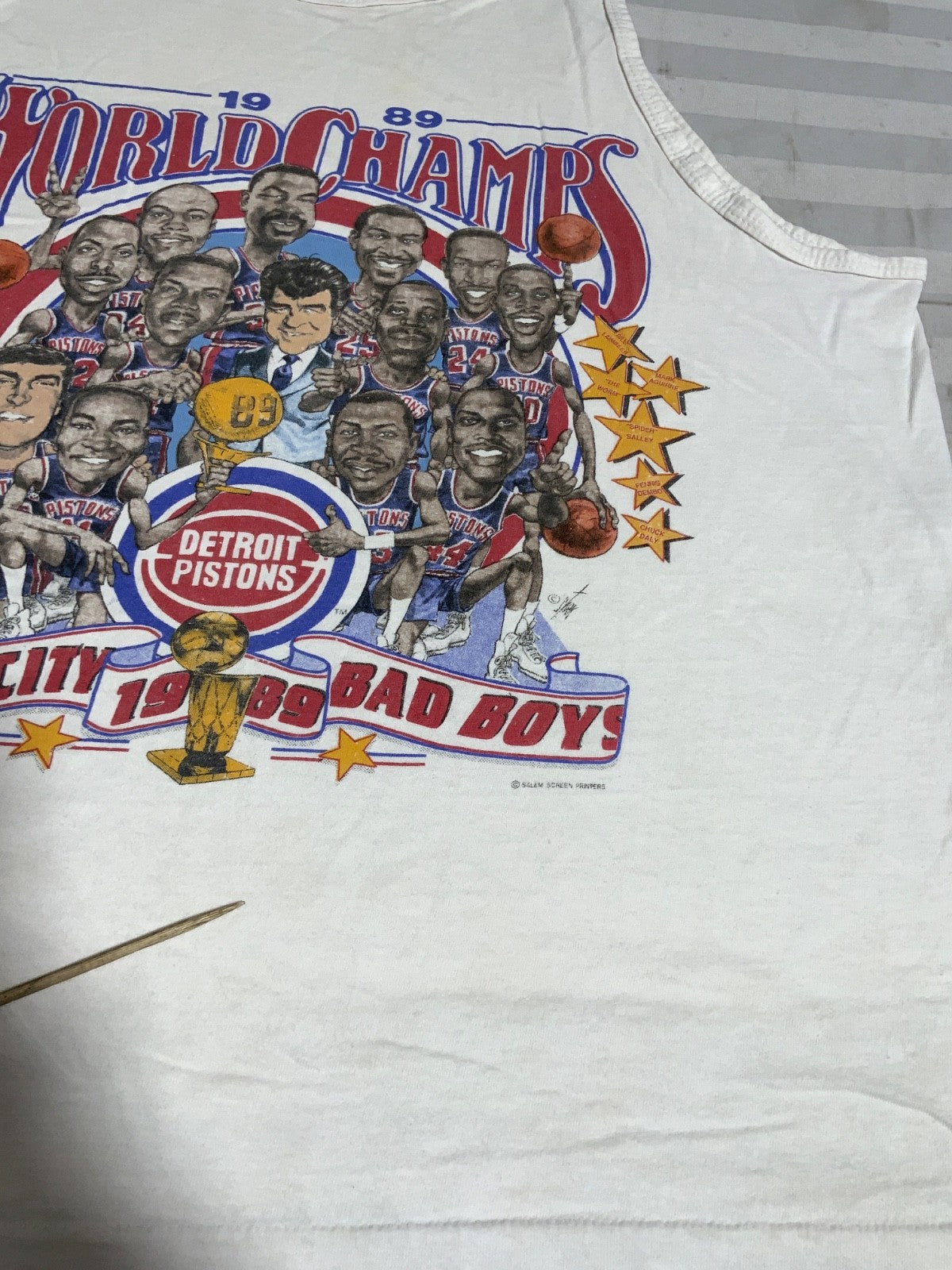 Vintage Detroit Pistons Caricature Salem TankTop Large White Nba 1989 Champs 80s