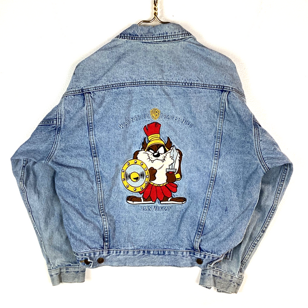 Vintage Looney Tunes Denim Jean Jacket Size Small Blue Taz Warner Bros 90s