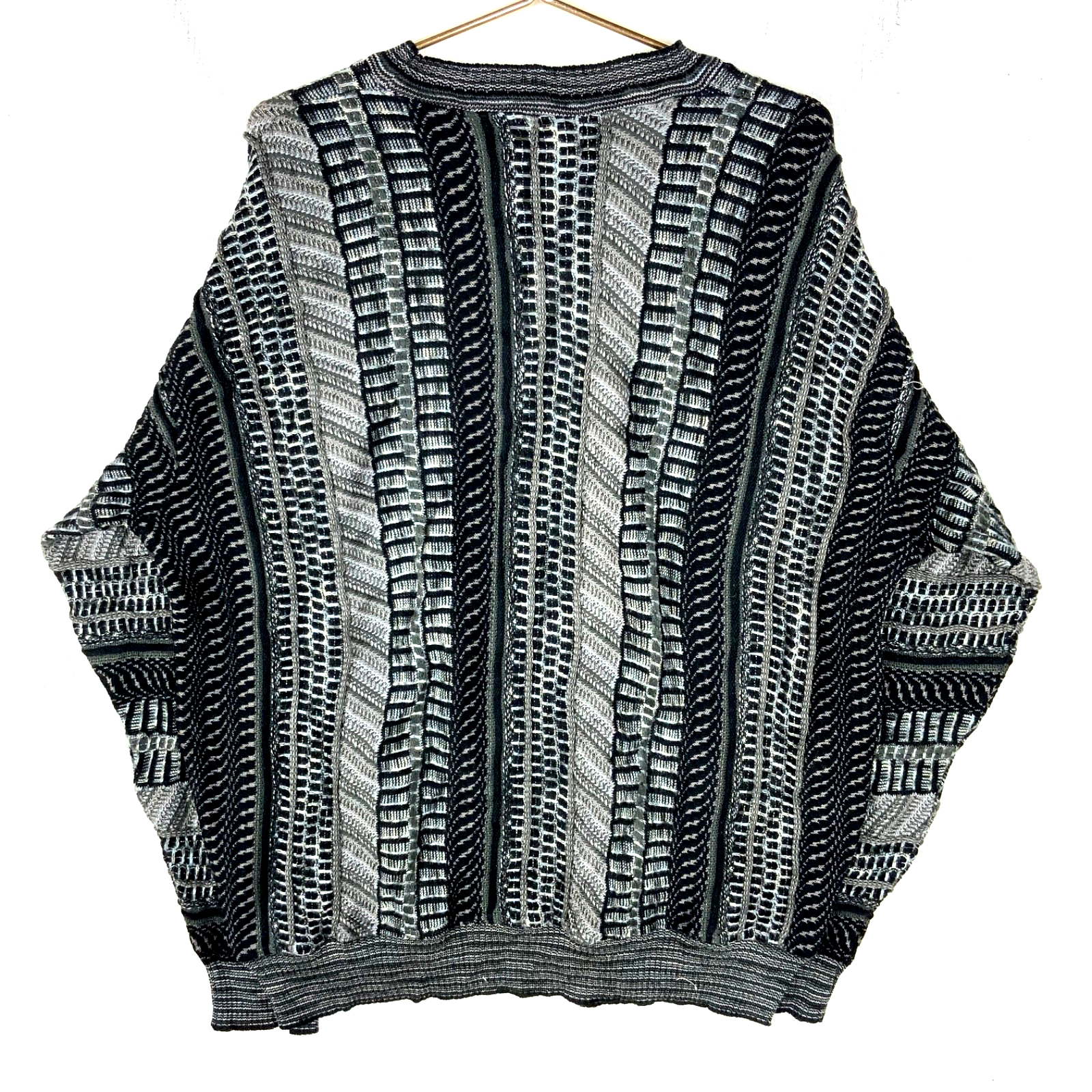 Vintage 3D Knit Sweater Large Gray Crewneck Pattern 90s