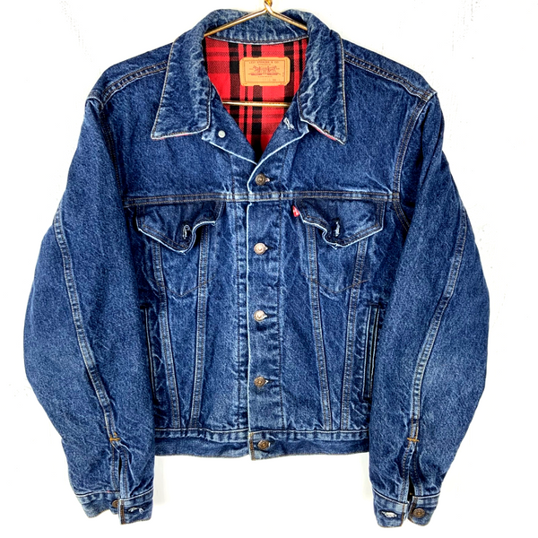 Vintage Levi’s Denim Jean Jacket Large Dark Wash Blue Plaid Lined Made Usa 90s