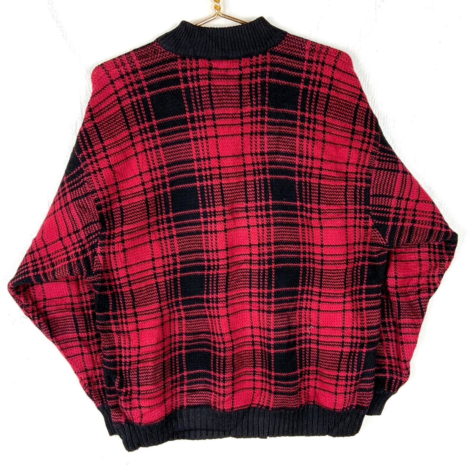 Vintage Tommy Hilfiger Knit Sweater Large Red 1/4 Zip Plaid 90s
