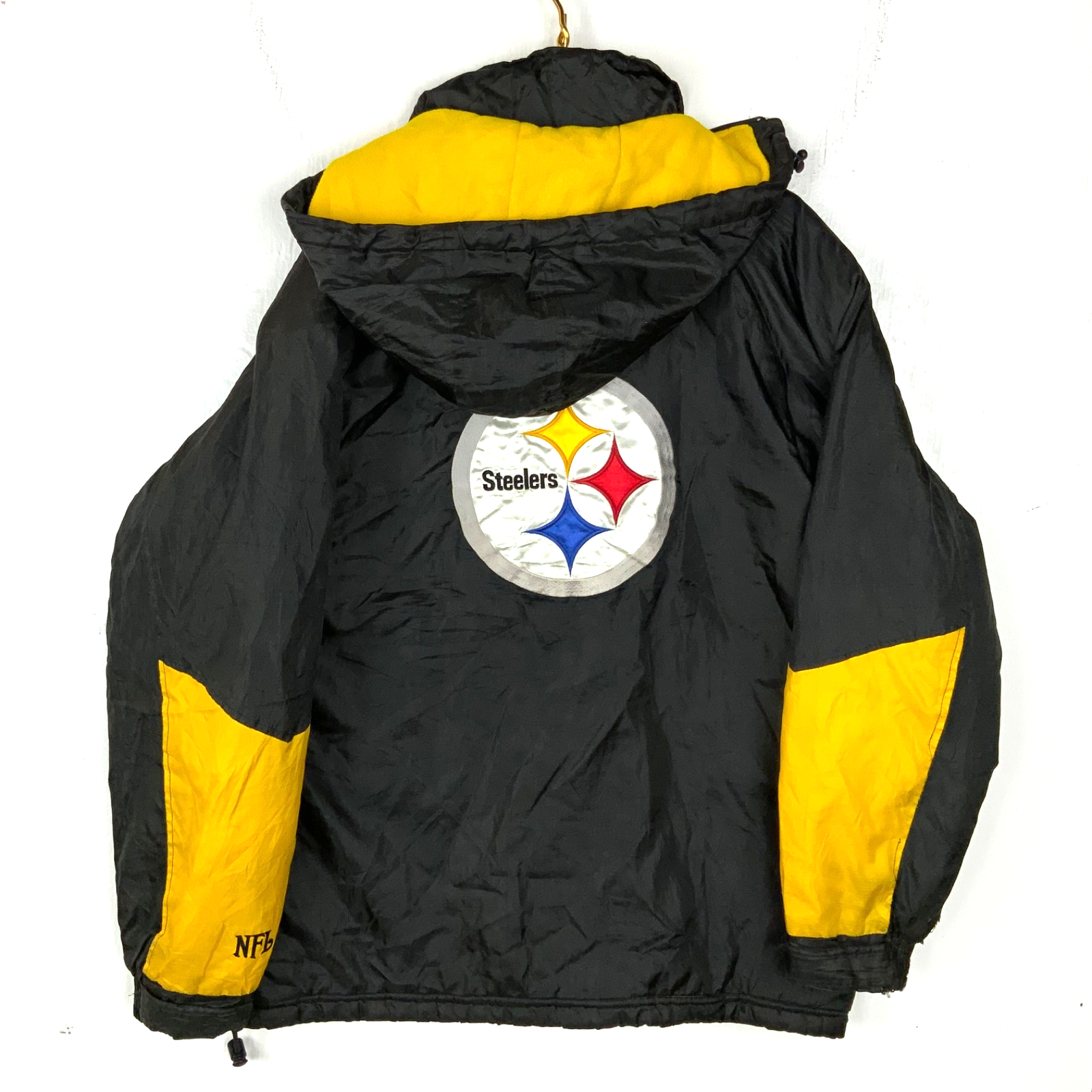 Vintage Pittsburgh Steelers Jacket Large Black Hooded Full Zip Fleece Lined Nfl