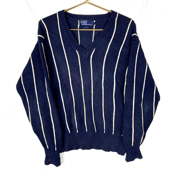 Vintage Polo Ralph Lauren Knit Sweater Large Blue V-neck Striped