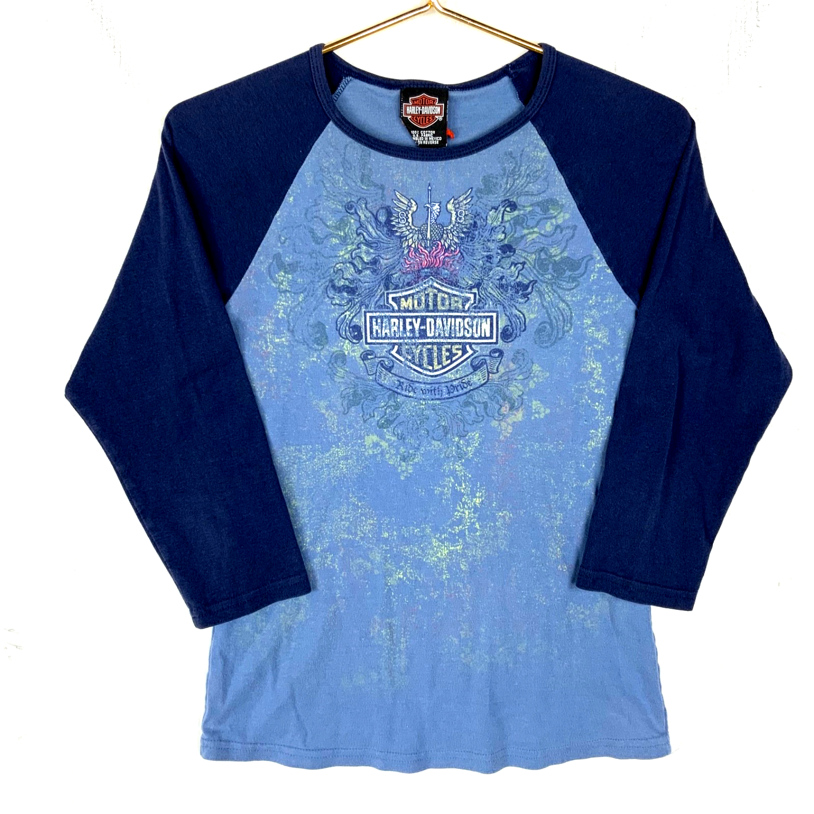 Vintage Harley Davidson 3/4 Sleeve Shirt Women's Small Blue Double Sided