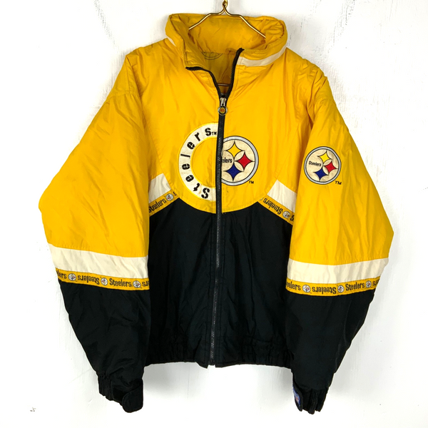 Vintage Pittsburgh Steelers Down Jacket Medium Yellow Puffer Bomber Full Zip Nfl