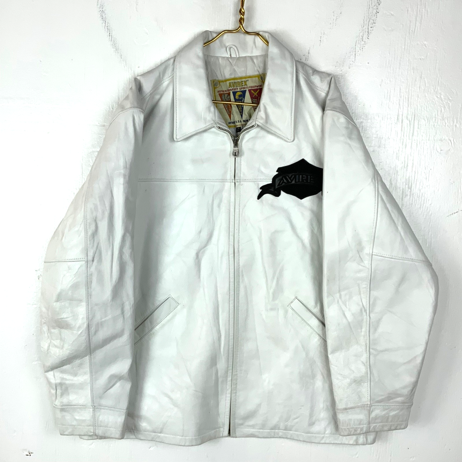 Vintage Avirex Usa Varsity Leather Bomber Jacket 3XL White Lined Full Zip