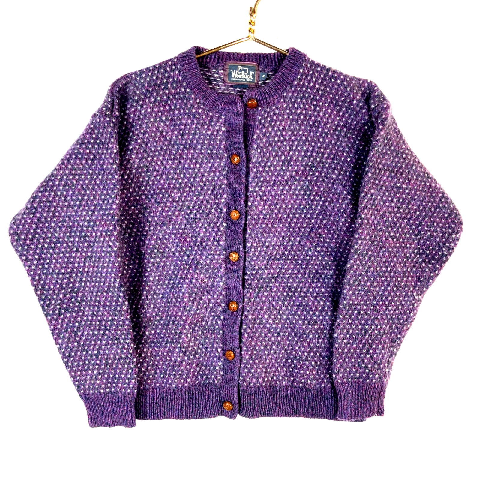 Vintage Woolrich Wool Knit Sweater Women’s Medium Purple Cardigan Pattern 90s