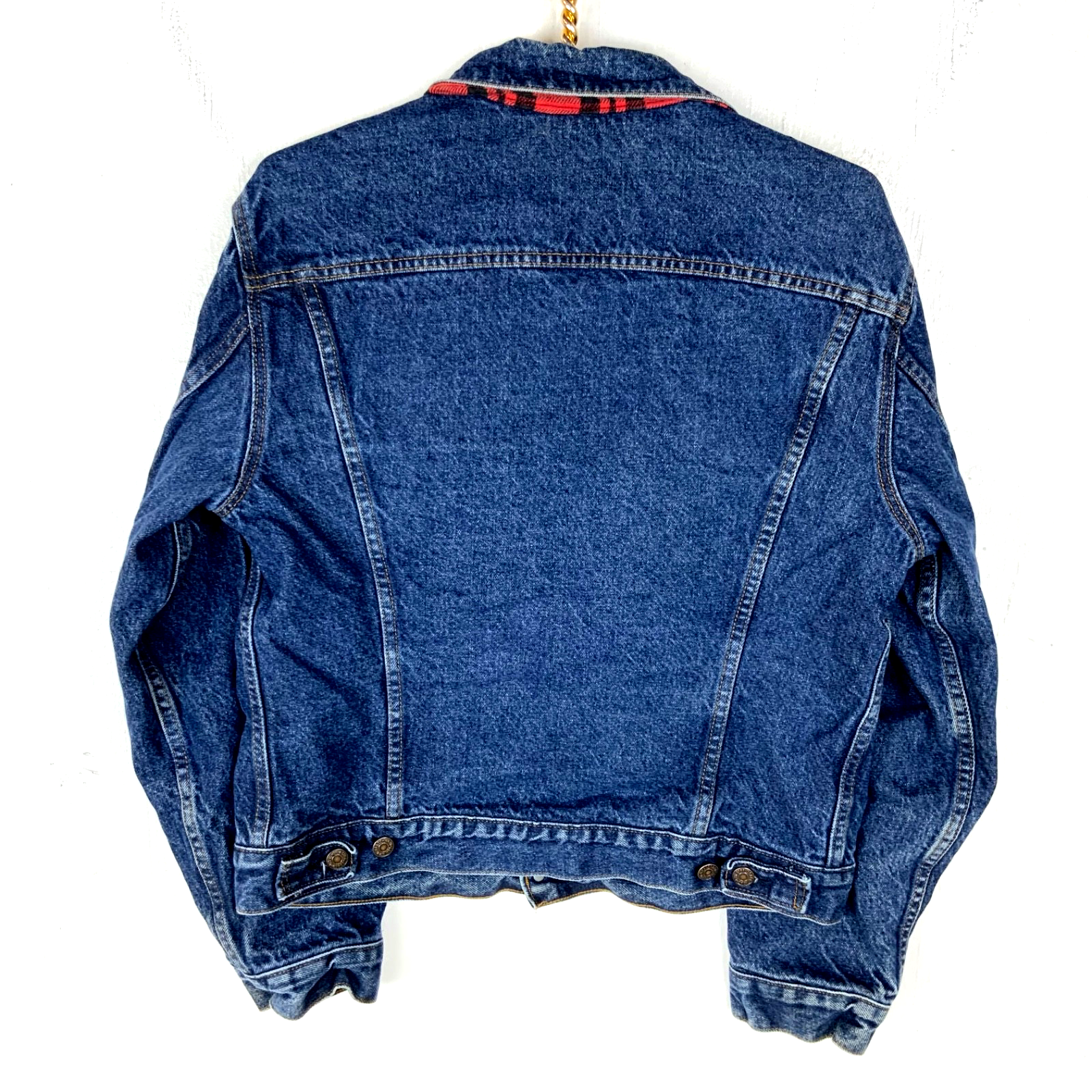 Vintage Levi’s Denim Jean Jacket Large Dark Wash Blue Plaid Lined Made Usa 90s