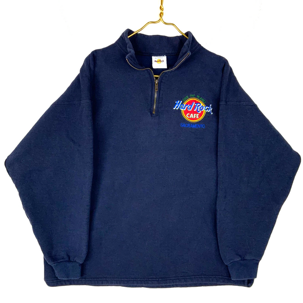 Vintage Hard Rock Cafe Sweatshirt High Neck Large Blue 1/4 Zip Sacramento Usa
