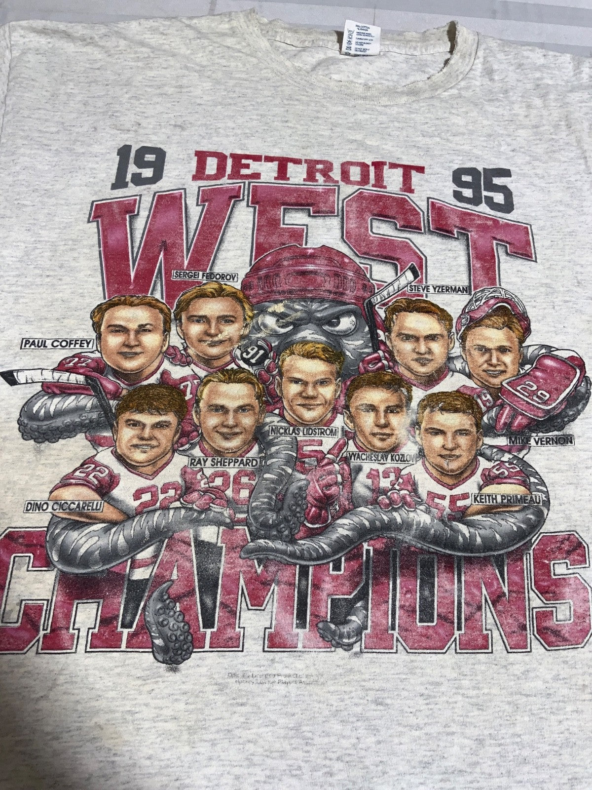 Vintage Detroit Red Wings Caricature T-Shirt XL Delta Nhl 1995 West Champs 90s