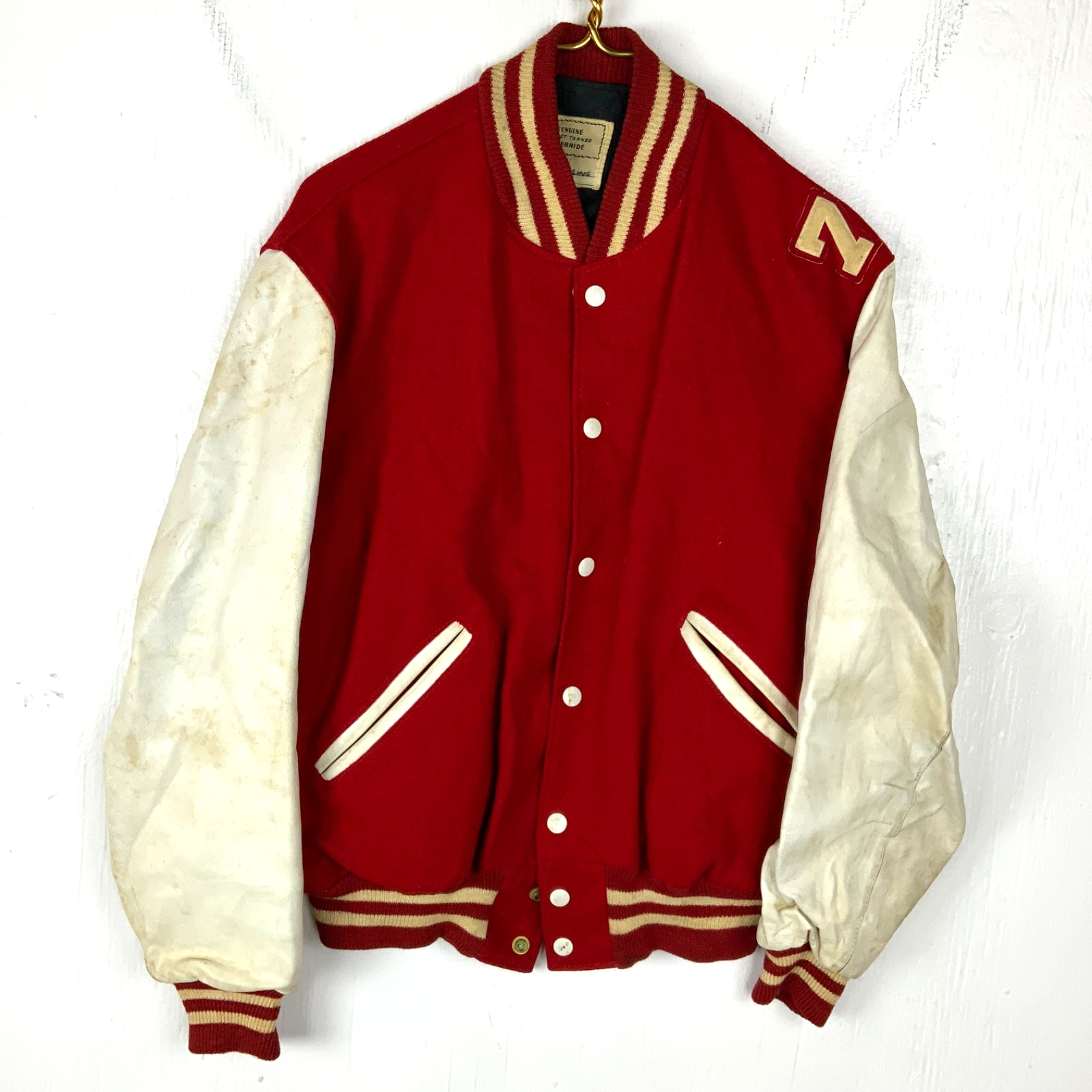 Vintage 1970s Wool Leather Varsity Bomber Jacket Large Red Snap Button Steerhide