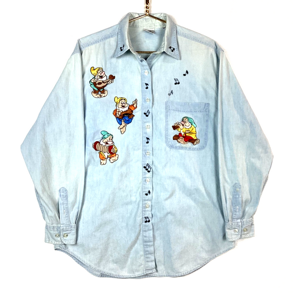 Vintage Disney Seven Dwarf Shirt Size Medium Blue Long Sleeve Embroidered