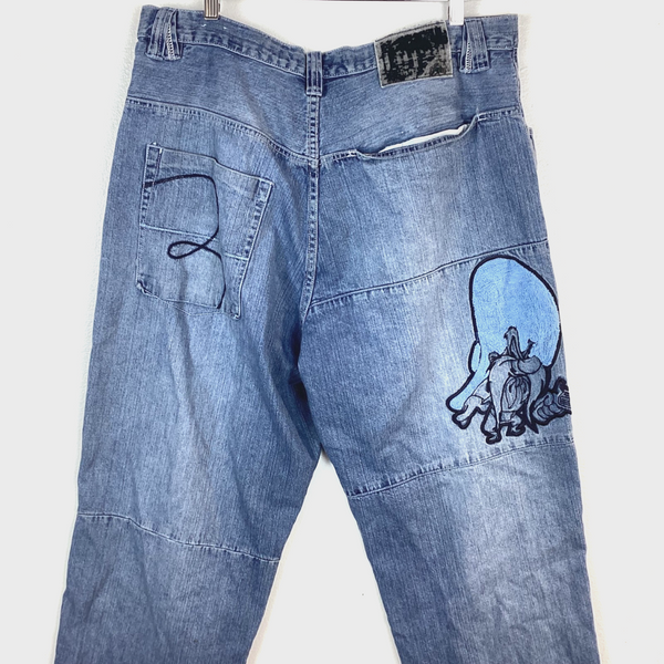 Vintage Lot29 Denim Jean Size 38 Blue Yosemite Sam Embroidered Baggy Y2K